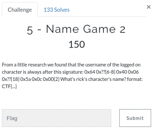 Question 5 - From a little research we found that the username of the logged on character is always after this signature: 0x64 0x??{6-8} 0x40 0x06 0x??